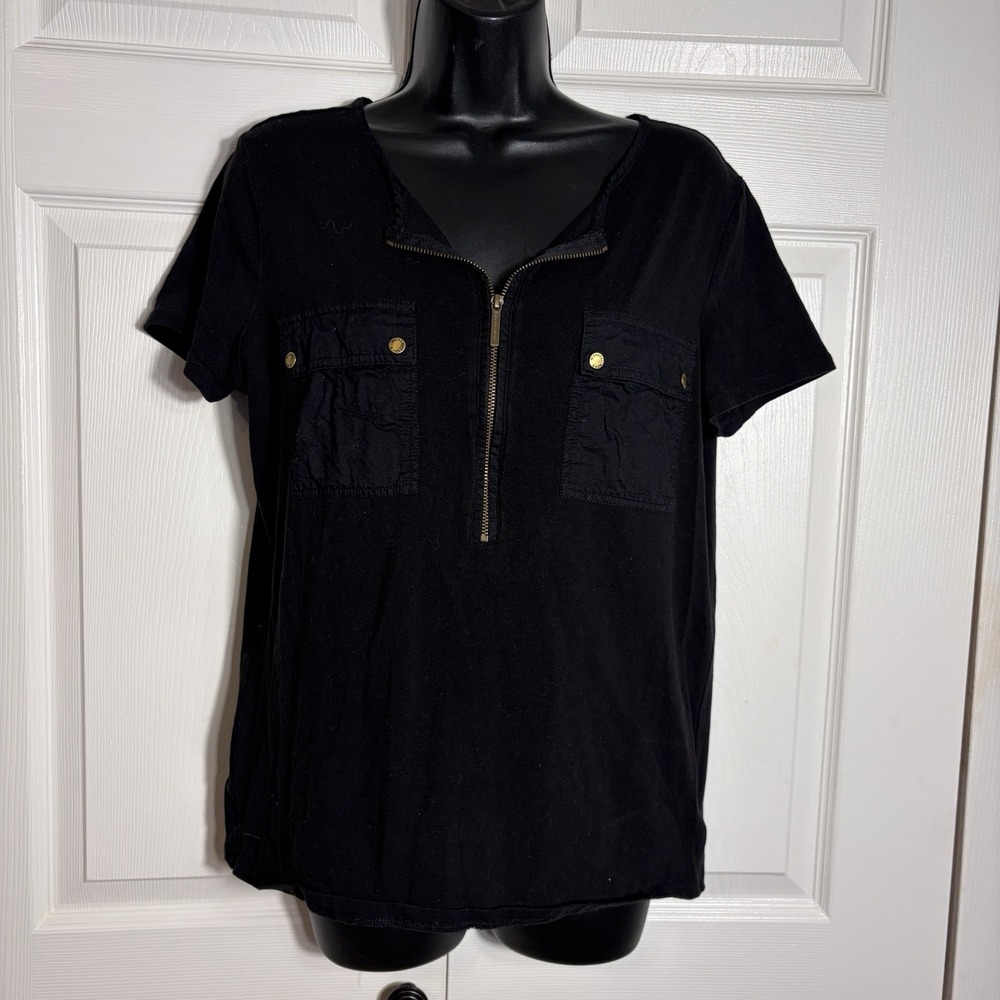 Michael Kors Shirt Women L‎ Black Utility Short Sleeve Gold Zipper Flap Pockets